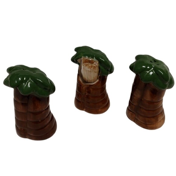3 pcs Palm Trees Salt Pepper Shaker Toothpick Holder Tropical Beach Vintage -SEE - Picture 2 of 6